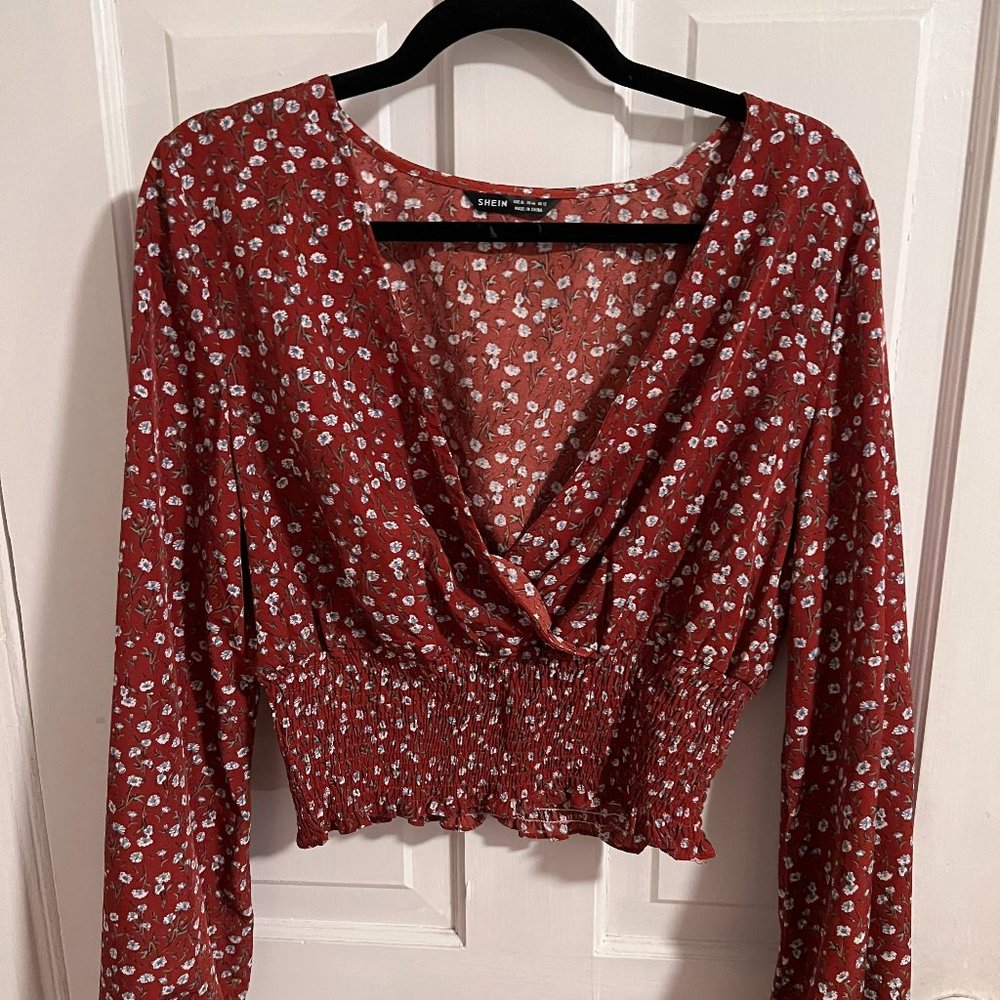 Red floral long sleeve blouse